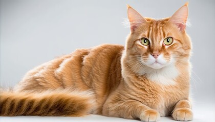  an orange and white cat with green eyes laying on a white surface.  generative ai