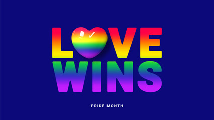 Holiday banner for Pride Month. Symbol of Pride Month with 3d rainbow heart isolated on dark background for design of LGBTQ events. Human rights and tolerance concept. Vector illustration. Love wins.