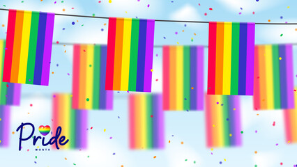 Vector banner for Pride Month. Rainbow garlands hang on background of cloudy sky. Colorful confetti fall down. Lettering symbol of Pride Month. Human rights, tolerance and freedom concept. Vector.