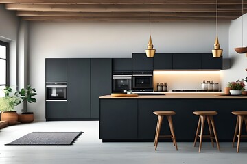 Contemporary Empty Home Interior Kitchen Boho Style, Concept Of Bohemian And Minimalistic, Technology. Generative AI