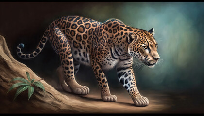  a painting of a leopard walking on a tree branch in a forest.  generative ai