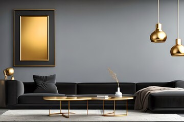 Gold Designer Frame In Dark Modern Interior Mockup With. Generative AI