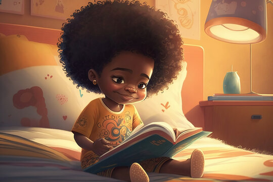 Little African American child reading a book in his bed, beautiful drawing, 3d render, International Children's Book Day idea,
