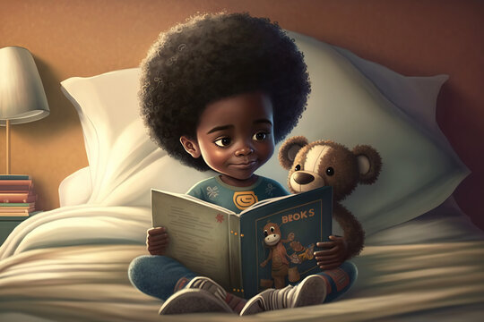Little African American child reading a book in his bed, beautiful drawing, 3d render, International Children's Book Day idea, - Powered by Adobe