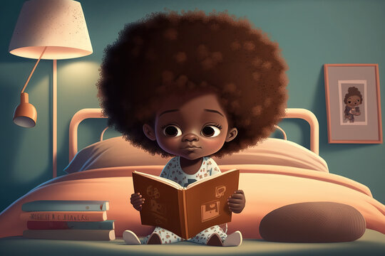 Little African American child reading a book in his bed, beautiful drawing, 3d render, International Children's Book Day idea,