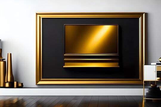 Gold Designer Frame In Dark Modern Interior Mockup With. Generative AI