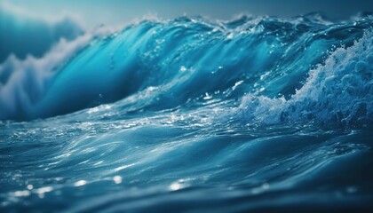  a blue ocean with a wave coming towards the shore and the sun shining on the water.  generative ai