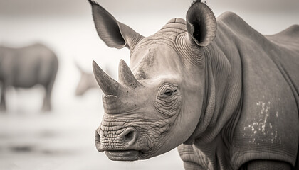 Obraz premium a black and white photo of a rhinoceros and other animals. generative ai