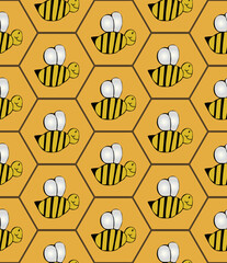 seamless pattern of  illustrated cartoon bees inside a honeycomb pattern