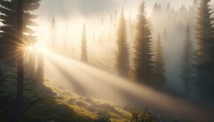  the sun is shining through the trees in the foggy forest.  generative ai