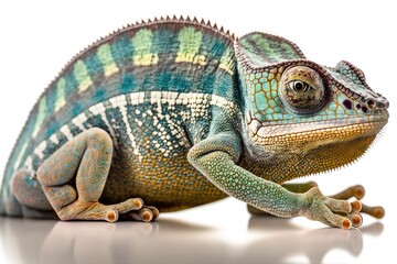 Obraz premium Furcifer pardalis, the Nosy Be tail Panther Chameleon, in close up against a white background. Generative AI