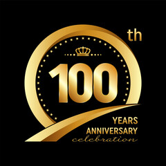 100th Anniversary Celebration Logo design with golden ring and crown for anniversary celebration event, invitation, wedding, greeting card, banner, poster, flyer, brochure. Logo Vector Template
