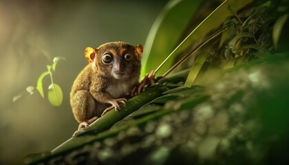  a small animal sitting on top of a leaf covered tree.  generative ai