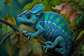 Obraz premium Adult chameleon with a blue coloration. Wild chameleon with a wide range of colors. A chameleon perched high in the tree, keeping an eye on everything. Generative AI