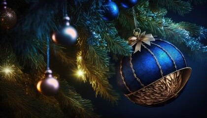 Obraz na płótnie Canvas a blue christmas ornament hanging from a christmas tree. generative ai