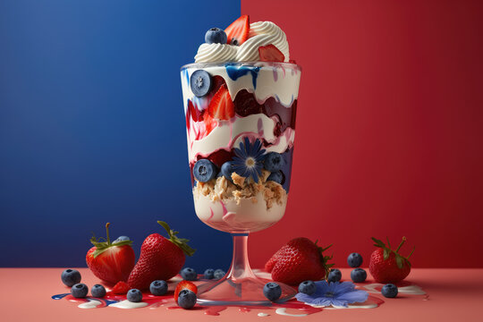 red, white, and blue berry and yogurt parfait made by generative ai