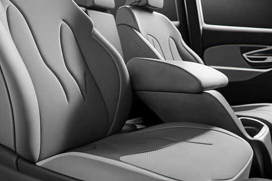 Modern gray fabric car seats with visible armrest. Photo generative AI