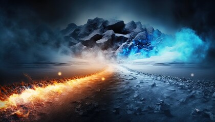  a fire and ice road with a mountain in the background.  generative ai