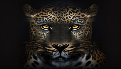  a close up of a leopard's face with yellow eyes.  generative ai