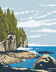 WPA poster art of Bruce Peninsula National Park on the Bruce Peninsula in Ontario, Canada done in works project administration.
