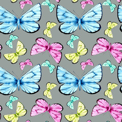 Pattern with light butterflies. Watercolor illustration, drawing for fabric.