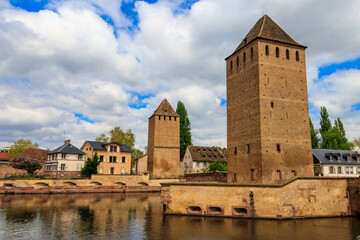 Fototapeta na wymiar View on medieval bridge Ponts Couverts over the River Ill in Strasbourg, Alsace, France