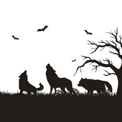 silhouette landscape background with wolves night bats
