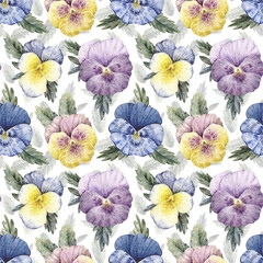 Watercolor seamless pattern with vintage illustrations of pansy flowers and leaves isolated on white.