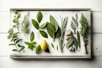 Herbs including mint, sweet basil, rosemary, fennel, sage, and lemon thyme, all freshly picked from the garden, laid out on a white wooden background with room for copy. Generative AI