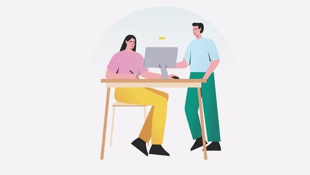 Two people working and talking. Man and woman in office with computer having discussion and talk about work. Animatiom of work in front of computer