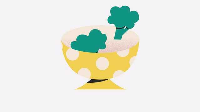 Animation of broccoli falling into bowl. Flat vector motion video of vegetables. Concept of cooking, healthy eating. Vegetarian food