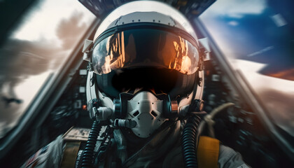 Fighter pilot cockpit view, sun light. Generation AI