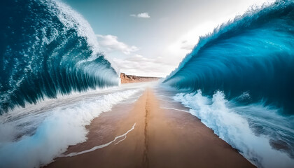 Ocean separate up to form canal. Bible miracle of Moses parting red sea for passage. Generation AI - obrazy, fototapety, plakaty