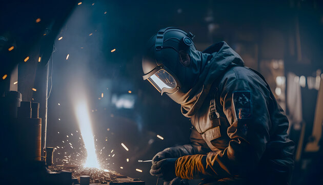 Worker welder with protective mask welding metal, sunlight spark hot metal. Industry weld factory. Generation AI