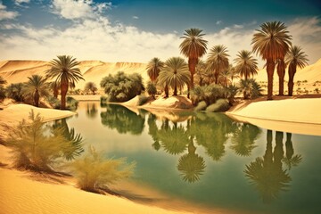 Oasis. A desert oasis with palm trees. The lake was a depression in the sand. Generative AI
