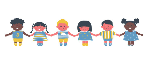 children holding hands. Diverse group of baby girls and baby boys. Cute cartoon characters. Vector illustration