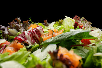 Salad with salmon and Parmesan cheese, in a plate