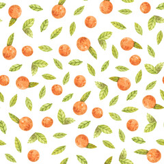 Cute watercolor pattern with oranges and leaves. Seamless hand-drawn texture with tangerines