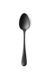Black spoon on white isolated top view