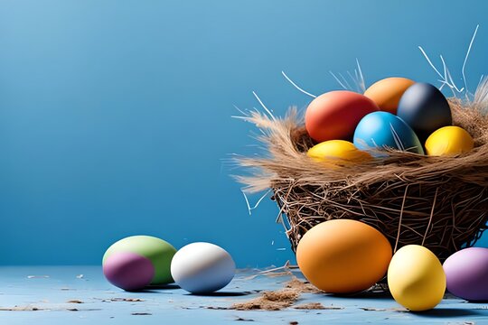 Easter Eggs Nest. Spring Still Life Card On Blue Table Background. Generative AI