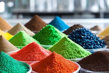 Eco-Friendly, Biodegradable Plastic Granules In A Variety Of Colors Laying In Lab Table. Plastic Raw Materials. Generative AI