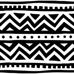 Seamless geometric pattern. Ethnic and tribal motifs. Black and white print for textiles, home decor, packaging. Vector illustration.