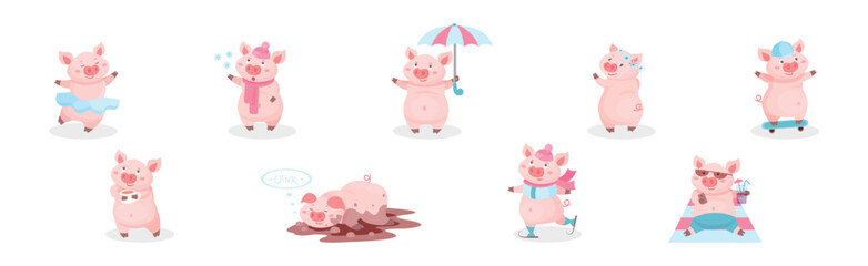 Fototapeta premium Funny Pink Pig with Snout in Different Activities Vector Set