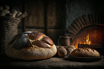 Freshly baked traditional bread on a rustic wooden table with traditional oven. Ai generated art