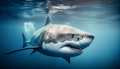 Naklejka premium Close-up image of a great white shark, generative ai