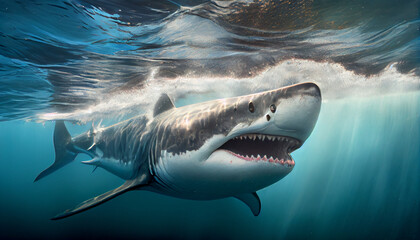 Obraz premium Close-up image of a great white shark, generative ai