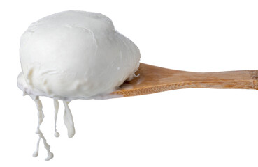 Mozzarella cheese on wooden spoon with dripping milk , isolated on white, clipping path