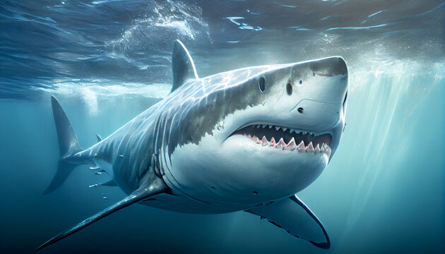 Close-up image of a great white shark, generative ai