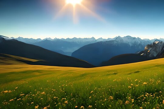 Mountain Landscape With Spring Clouds. Beautiful Sky With Meadow Background. Generative AI