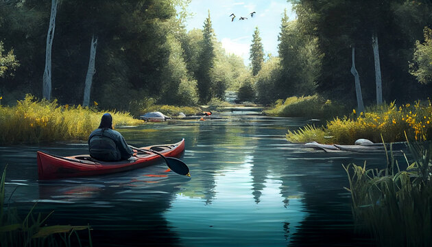 Kayaking on river in wildlife in summer, generative ai